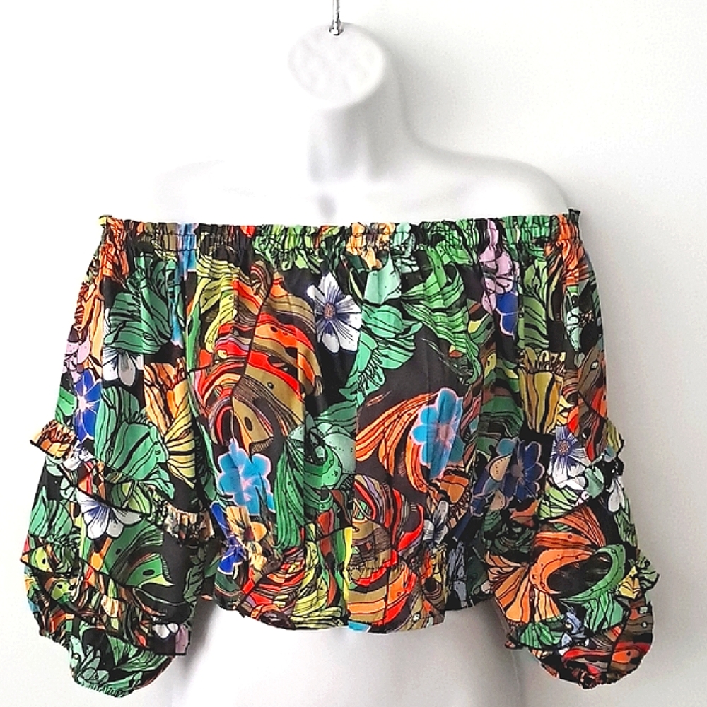 Sexy Exotic Colorful Floral Ruffle Tropical Vibrant Off Shoulder Crop Top Blouse